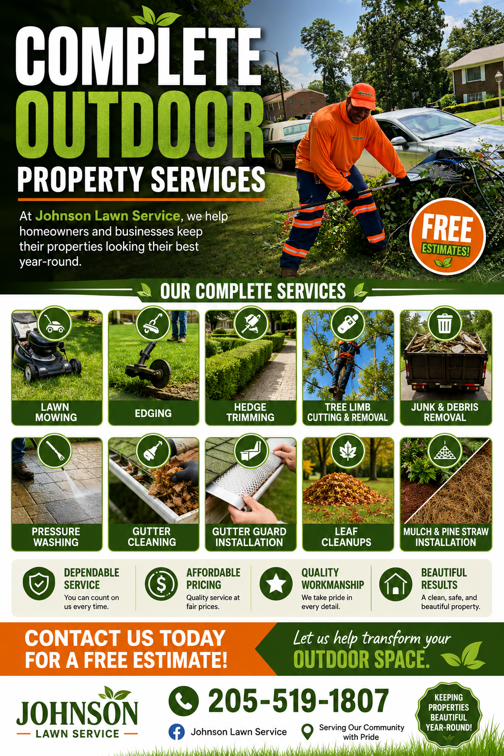 Johnson Lawn Service promotional background showing outdoor property services and crew at work